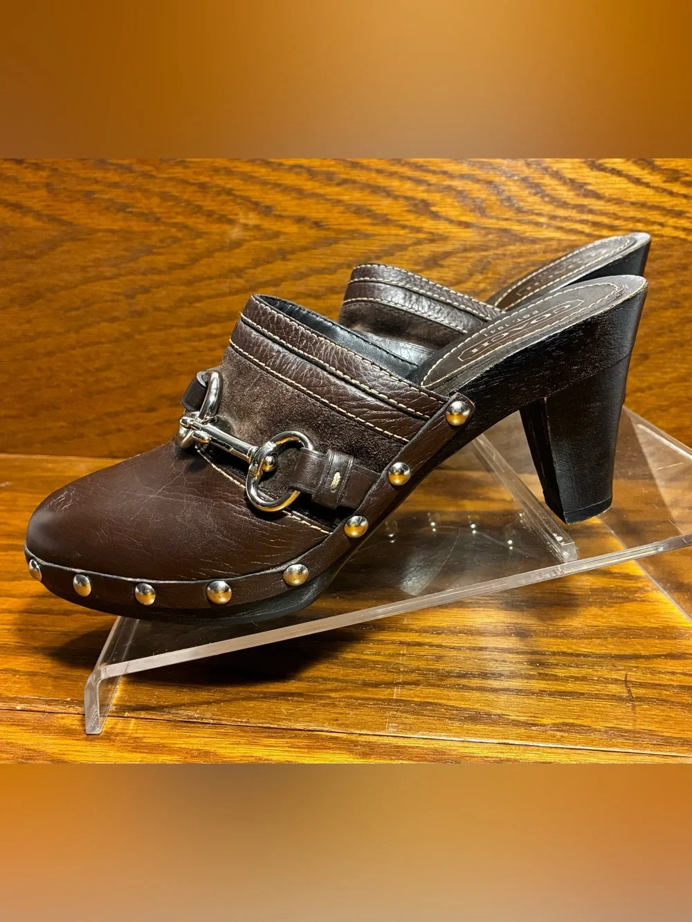 Y2K VTG Coach Horsebit Stud Wooden Heel Clogs Brown Leather Size 6